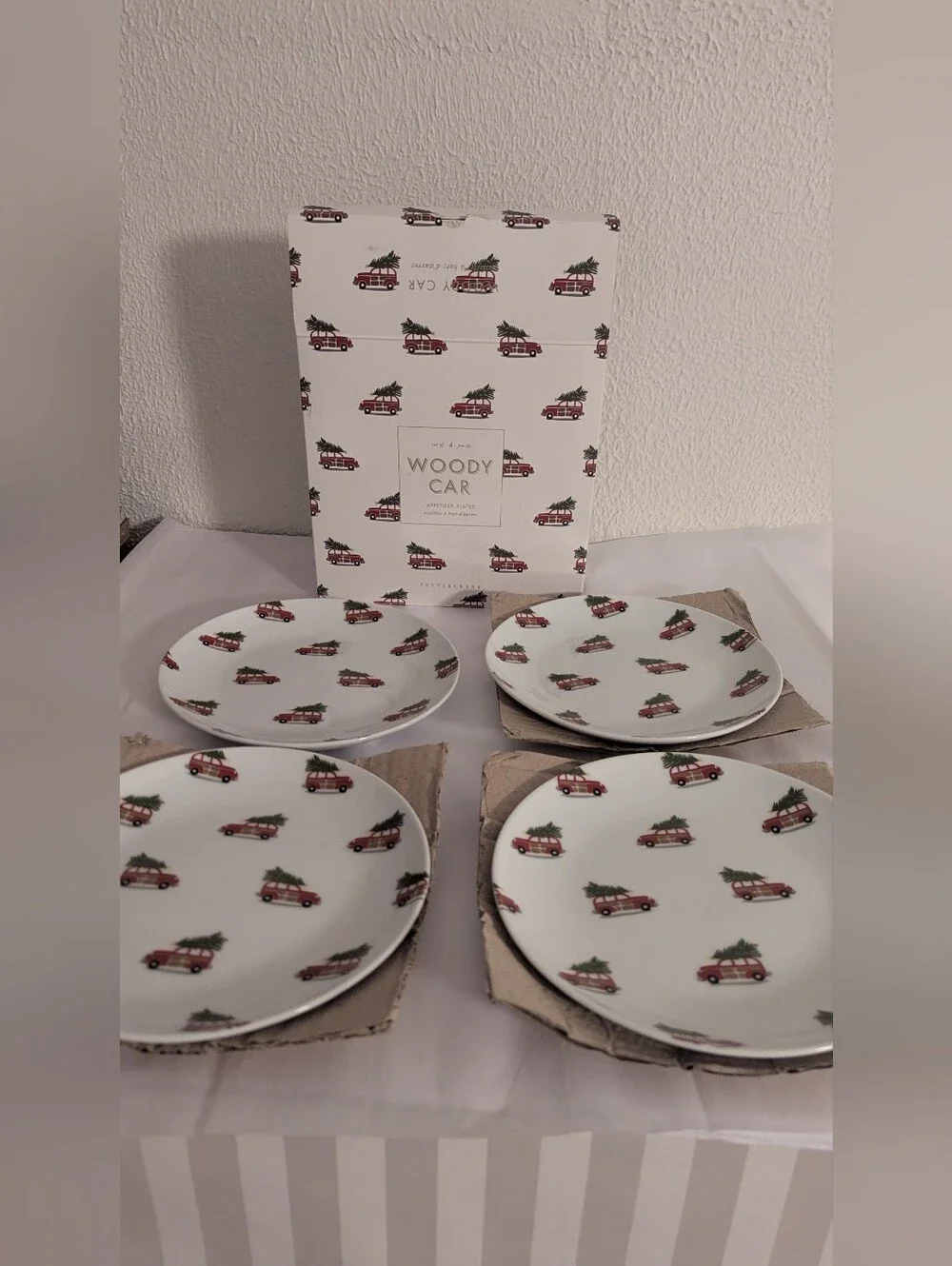 Pottery Barn Woody Car with tree on top Appetizer Plates 7